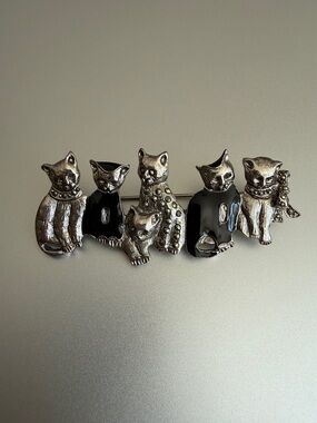 Silver and Black Enamel Cat Brooch - Decorative Light Catching Shine Cat Pin